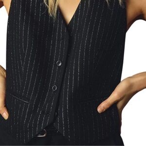 Maeve XS Black Silver Metallic Pinstripe Vest ~ Preppy Academic Holiday